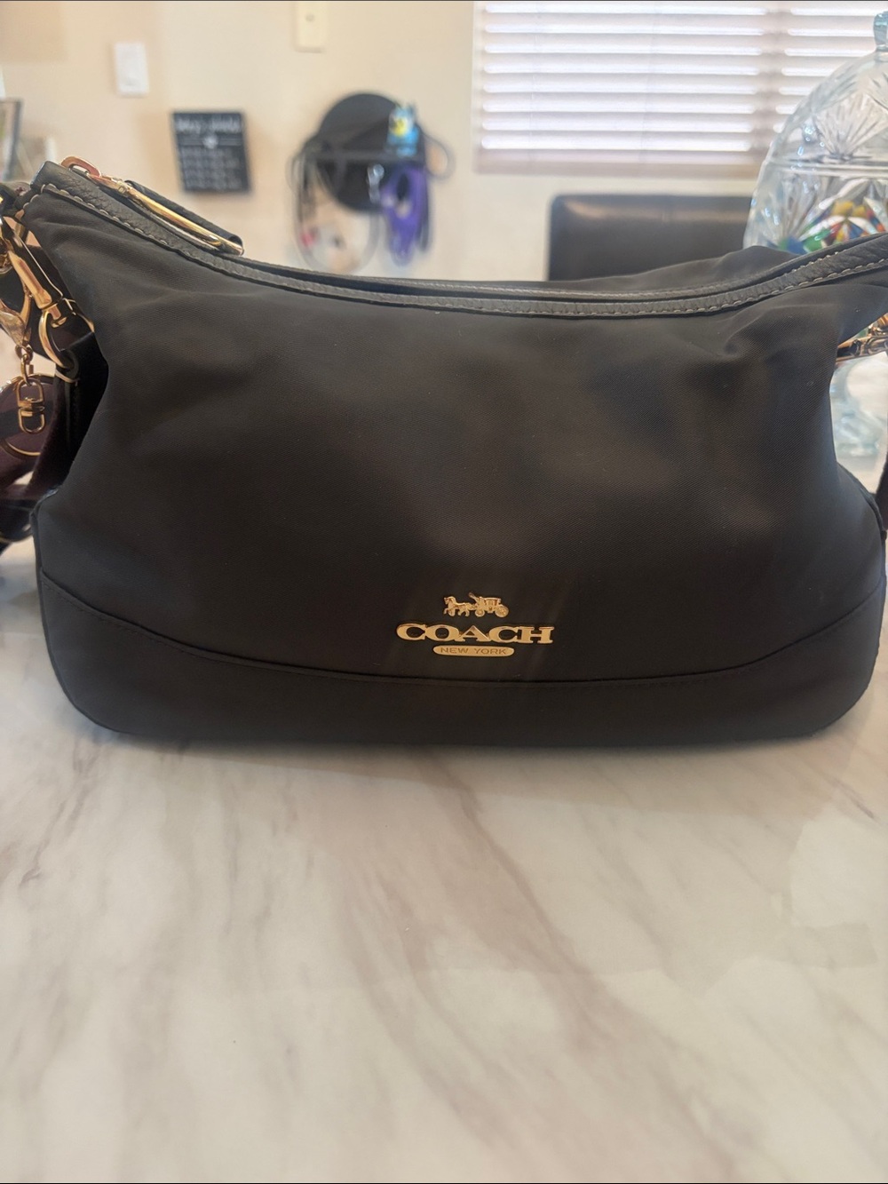 Coach Black Leather Crossbody with Striped Adjustable Strap